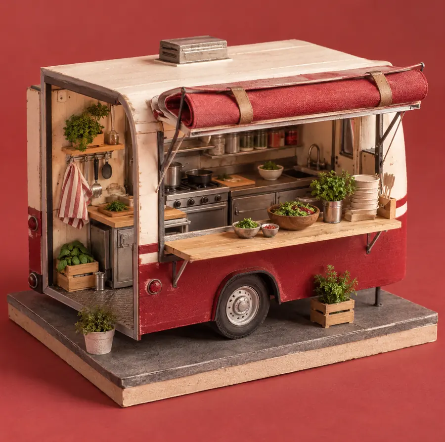 Illustration of mobile food businesses equipment and workspace